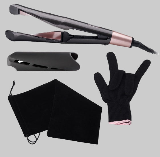 Hair straightener with protective case, gloves, and towel on a white background