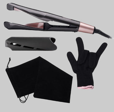 Hair straightener with protective case, gloves, and towel on a white background